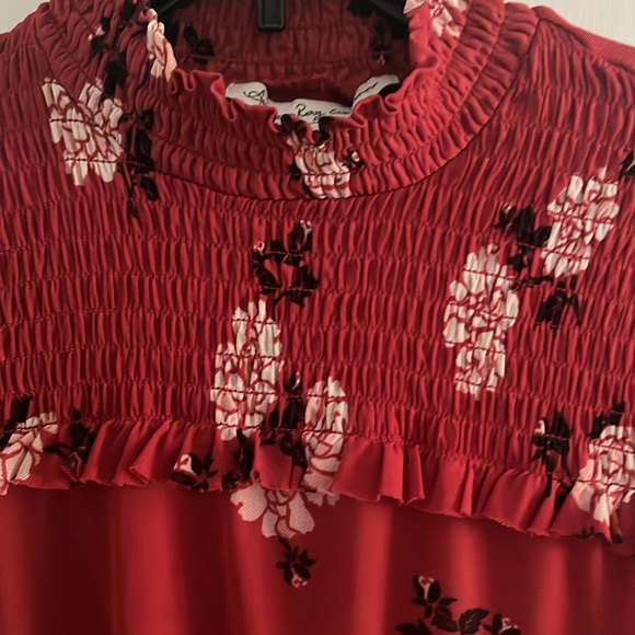Red flowered long sleeve mock neck top. - Picture 3 of 4